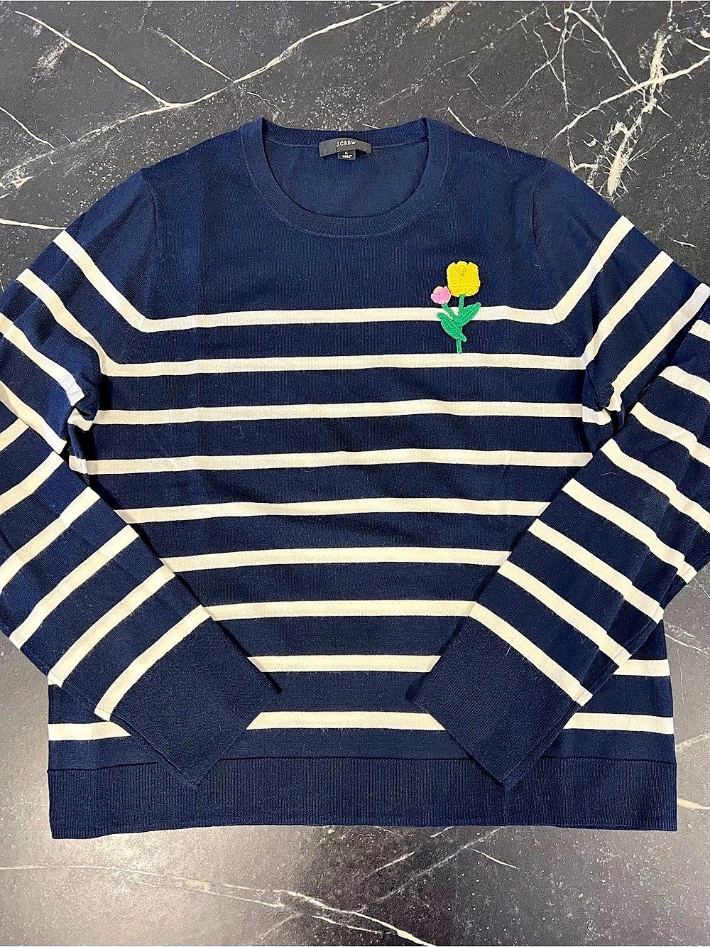J.Crew Striped Merino Sweater in Blue & White, Flower Applique Size Large